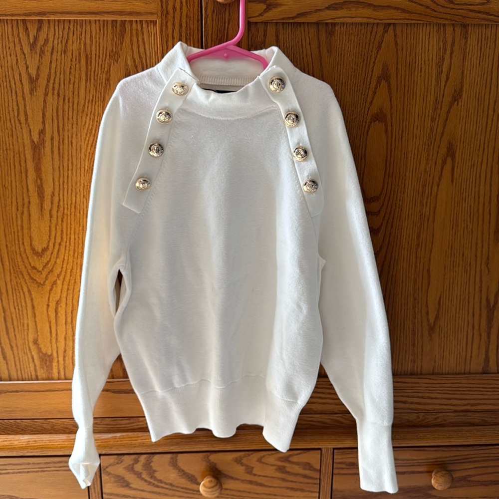 WOMENS ANN TAYLOR LS CREAM SWEATER WITH GOLD SIDE NECK BUTTONS. SZ XXSP